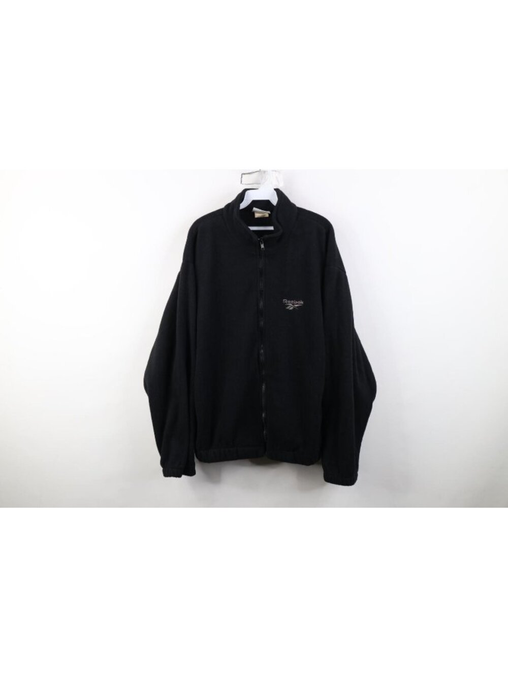 Vtg 90s Reebok Mens Medium Faded Spell Out Fleece Zip Bomber Jacket Black USA